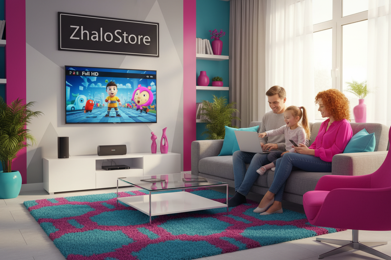 la estancia de una casa que se vea una familia de 3, que se vean algunos objetos tecnológicos reales que se vea Full HD, ocupa estos colores para fondo e imagen #26EDE3FF, #F829B8FF u en la pared alla un cuadro que diga ,ZhaloStore