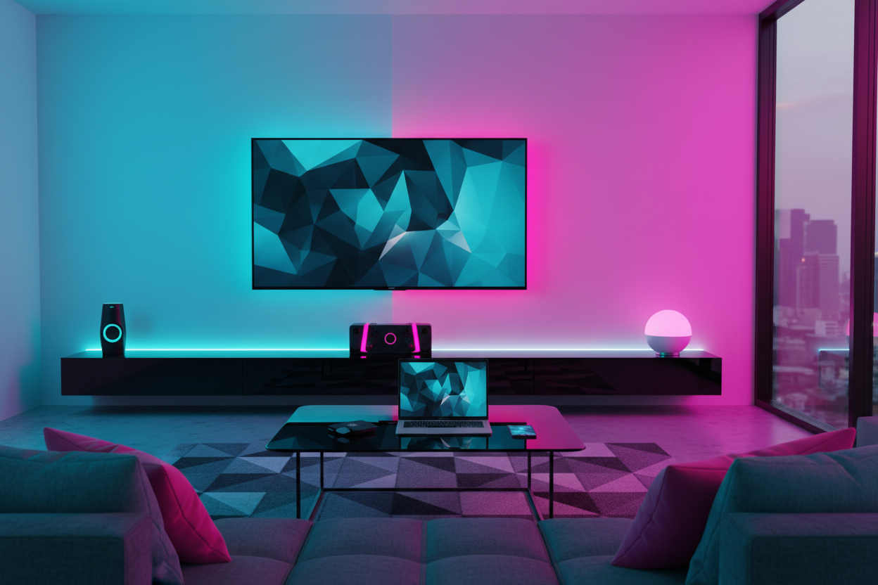 la estancia de una casa que se vean algunos objetos tecnológicos reales que se vea Full HD, ocupa estos colores para fondo e imagen #26EDE3FF, #F829B8FF