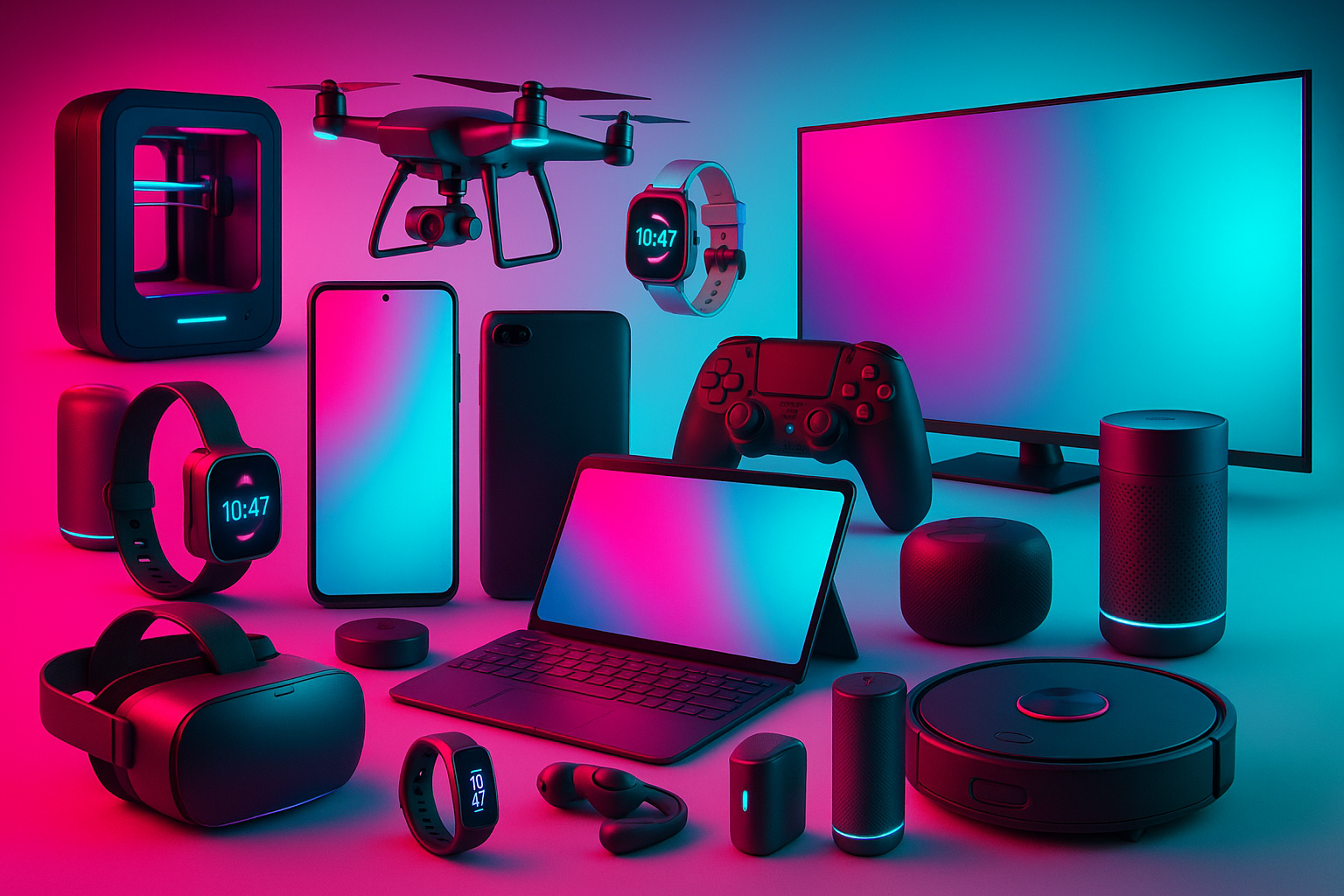 productos tecnologicos de todo tipo y uso usa estos colores para fondo y productos #f829b8ff, #26EDE3FF