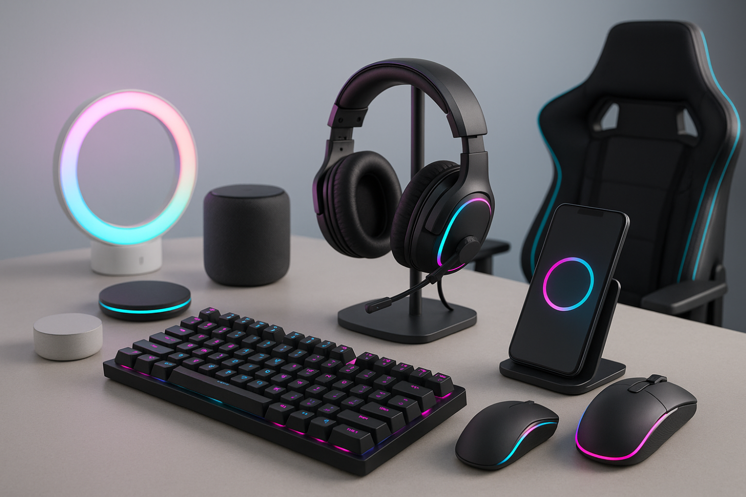 una imagen 3D, que incluya estos colores ,#26EDE3ff #f829b8ff) que la imagen tenga productos tecnológicos y de hogar para una tienda de dropshipping que la imagen sea realista para una tienda prolija y tonos suves orientado al mundo gamer