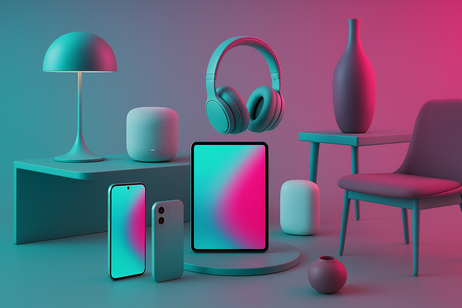 una imagen 5D, que incluya estos colores ,#26EDE3ff #f829b8ff futurista que la imagen tenga productos tecnológicos y de hogar para una tienda de dropshipping que la imagen sea realista para una tienda prolija y tonos suves