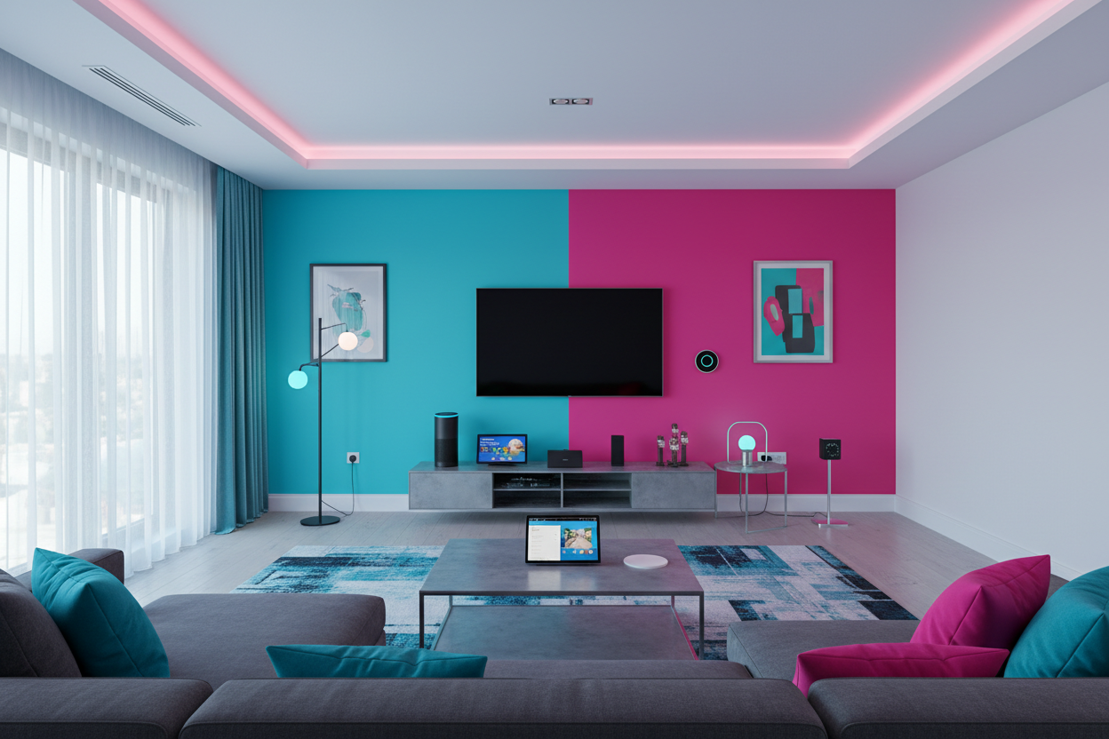 la estancia de una casa que se vean algunos objetos  tecnológicos reales que se vea Full HD, ocupa estos colores para fondo e imagen #26EDE3FF, #F829B8FF